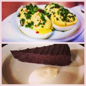 Gluten-free deviled eggs and cake from The Spotted Pig